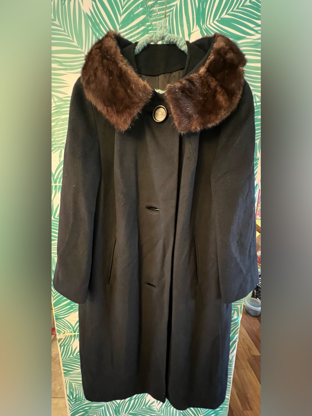 Vintage 1960’s 100% Cashmere Black Swing Coat With Brown Fur Collar